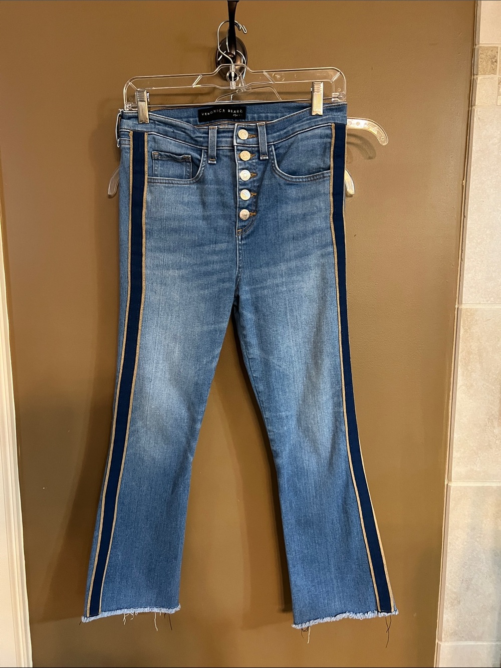 Veronica Beard Medium Blue Denim Flare Jeans with Navy & Tan Side Stripes